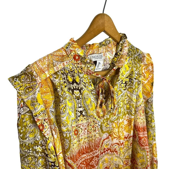 RACHEL ZOE Paisley Boho Print Metallic Stripe V Neck Popover Blouse - Picture 4 of 9